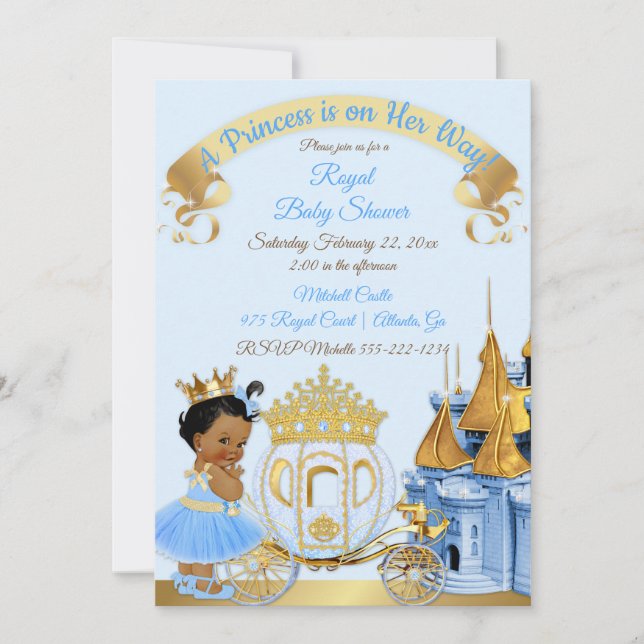 Convite Castelo Real da Princesa Carruagem Azul Dourado Me (Frente)