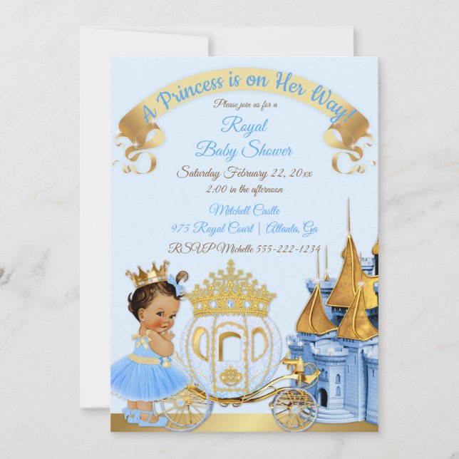 Convite Castelo Real Princesa Carruagem Azul Dourado Menin (Frente)