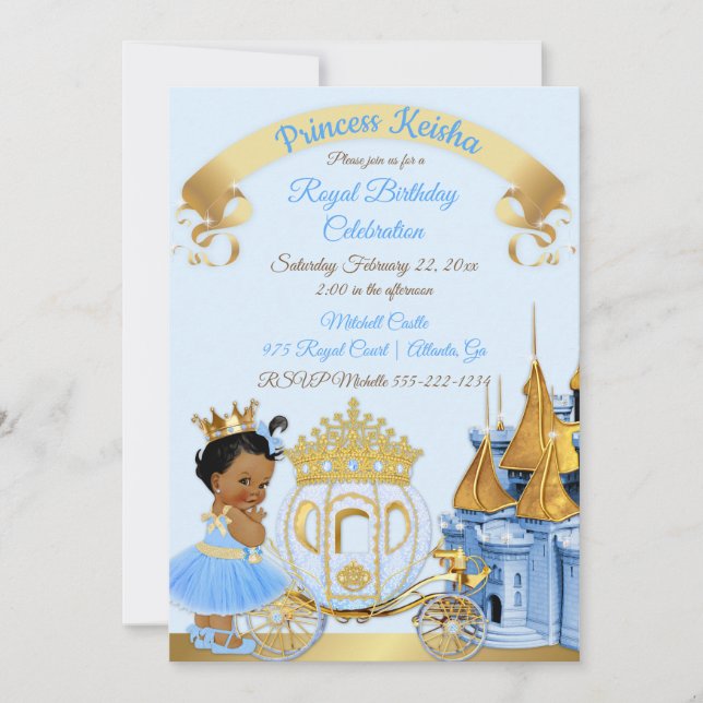 Convite Castelo Real Princesa Carruagem Azul Dourado Menin (Frente)