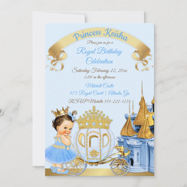Convite Castelo Real Princesa Carruagem Azul Dourado Menin (Frente)
