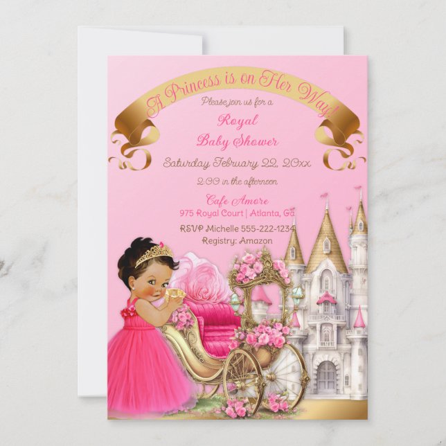 Convite Castelo Real Princesa Carruagem Rosa Dourado Menin (Frente)