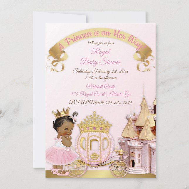 Convite Castelo Real Princesa Carruagem Rosa Dourado Menin (Frente)