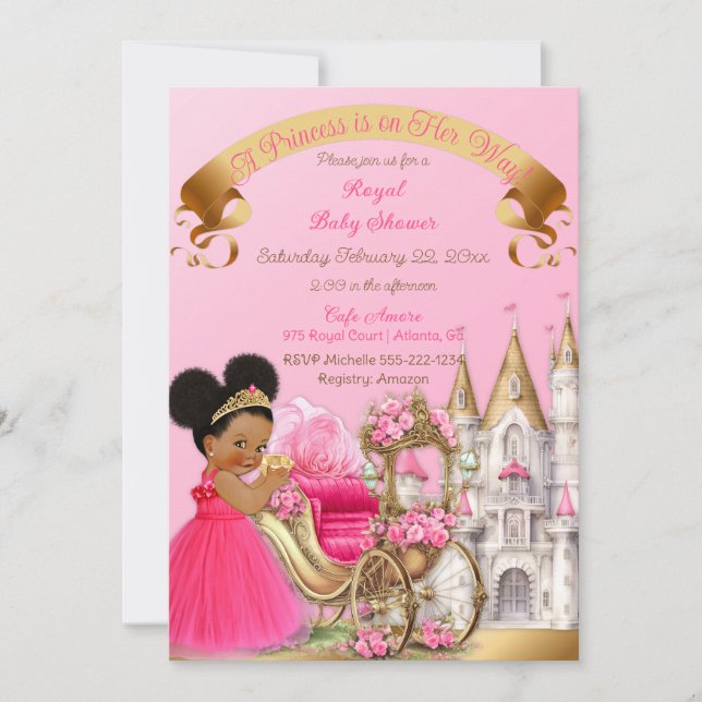 Convite Castelo Real Princesa Carruagem Rosa Dourado Menin (Frente)