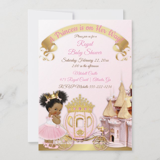 Convite Castelo Real Princesa Carruagem Rosa Dourado Menin (Frente)