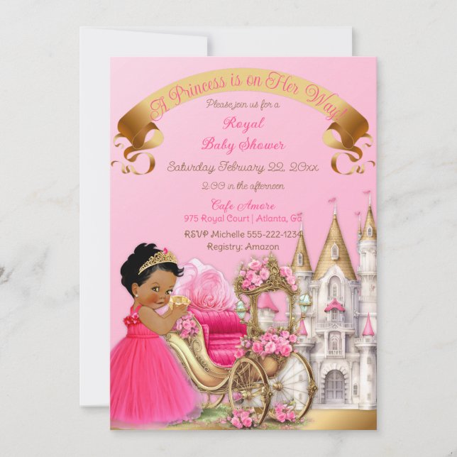 Convite Castelo Real Princesa Carruagem Rosa Dourado Menin (Frente)