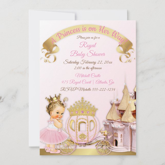 Convite Castelo Real Princesa Carruagem Rosa Dourado Menin (Frente)