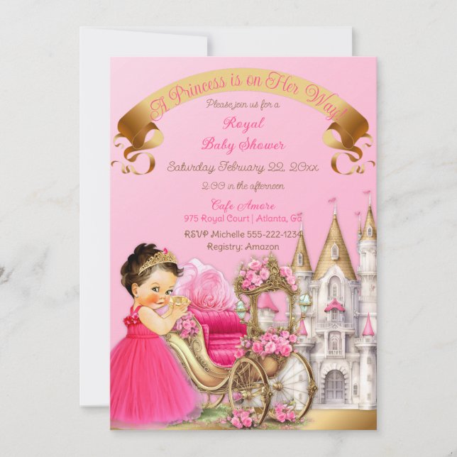 Convite Castelo Real Princesa Carruagem Rosa Dourado Menin (Frente)
