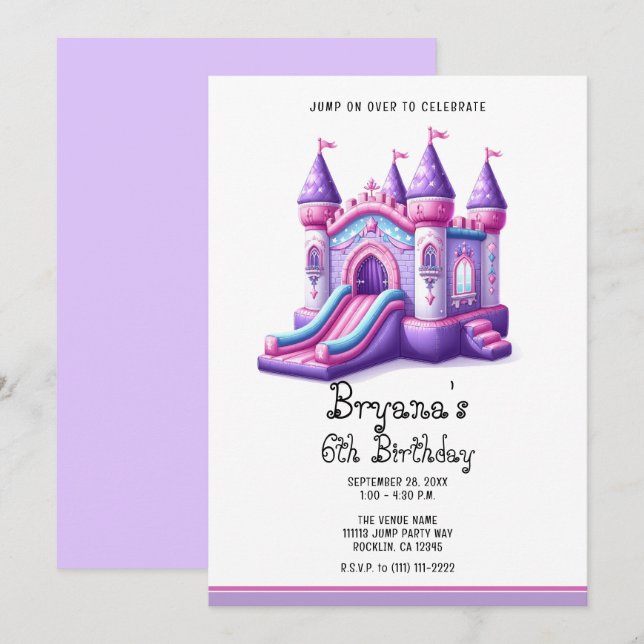 Convite Castelo Rosa Roxo da Princesa para Festa de CASA d (Frente/Verso)