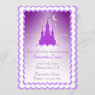Convite Castelo sonhador roxo no chá de fraldas das nuven