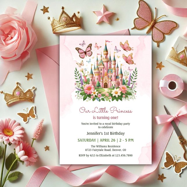 Convite Castelo Whimsic Rosa primeiro aniversario da Princ (Pink Whimsical Castle Little Princess 1st Birthday Invitation)