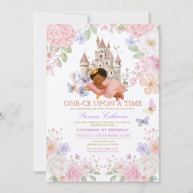 Convite Castle Floral Pastel Princess 1st Birthday (Frente)