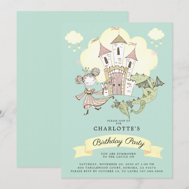 Convite Castle Princess Dragon Girl é Blue Birthday (Frente/Verso)