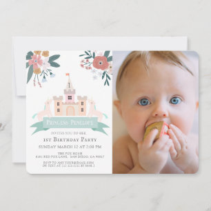 Convite Castle Princess Unicorn Floral primeiro aniversari