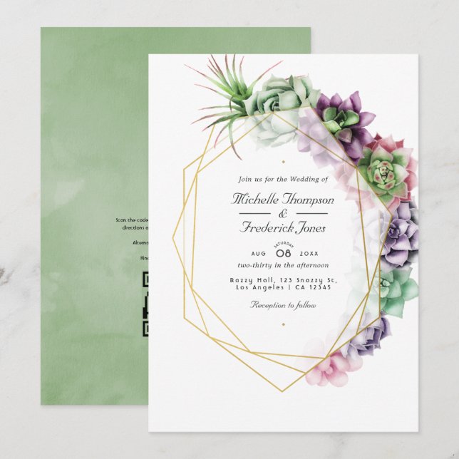 Convite Casuais Suculentas Código QR RSVP Casamento (Frente/Verso)
