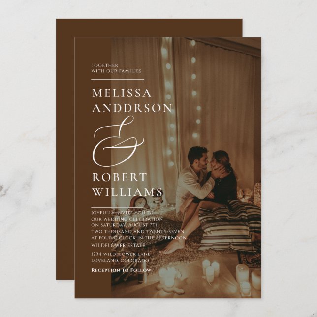 Convite Casual Chic Dourado e Brown Photo Wedding (Frente/Verso)