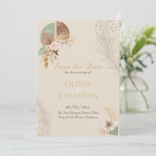 Convite Casual Classe Pena Boho Bege Casamento Salve a Dat (Em pé/Frente)