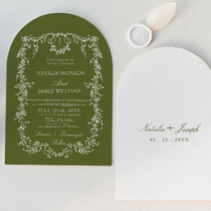 Convite Casual Floral Verde Oliva Monograma Casamento Arqu