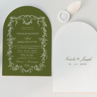 Convite Casual Floral Verde Oliva Monograma Casamento Arqu