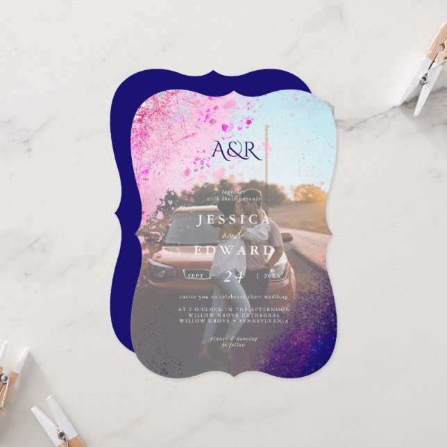 Convite Casual Whimsical Pink Blue Glitter Foto Casual (Frente/Verso In Situ)