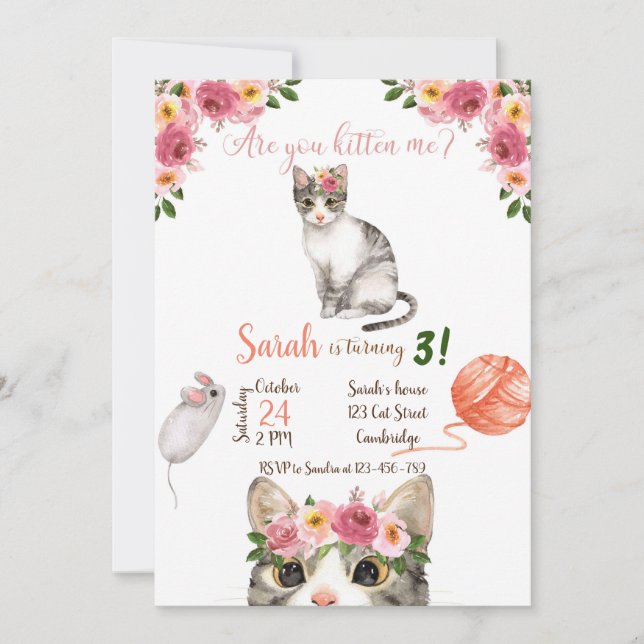 Convite Cat Birthday Invitation, Cat Invitation, Kitty (Frente)
