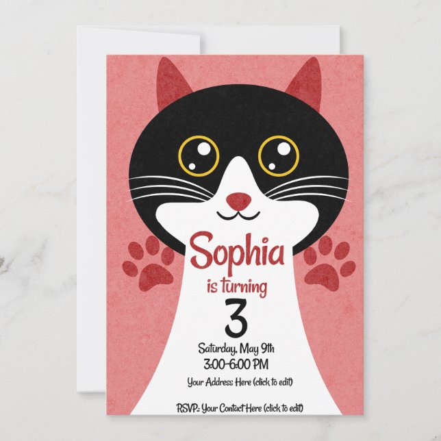 Convite Cat Birthday Invitation | Editable Name & Age (Frente)
