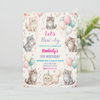 Convite Cat Birthday Invitation Kitten Party Pawty Girl
