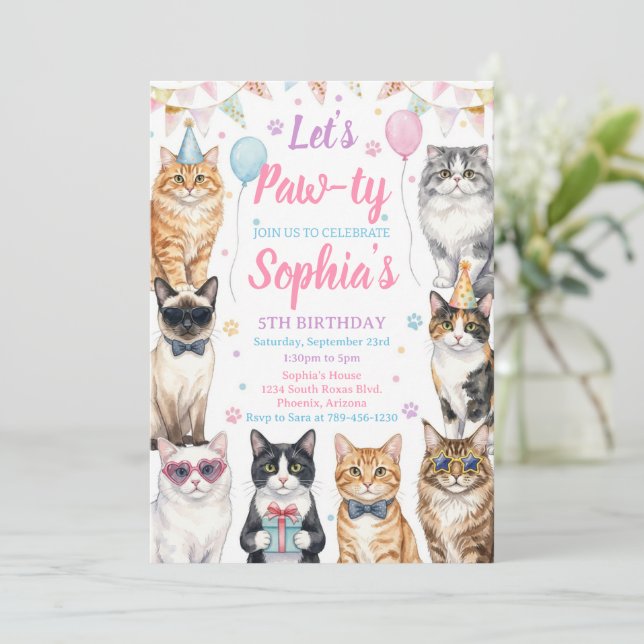 Convite Cat Birthday Invitation Kitten Party Pawty Girl (Em pé/Frente)
