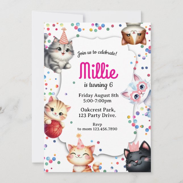 Convite cat birthday invitation, kitty party invite (Frente)