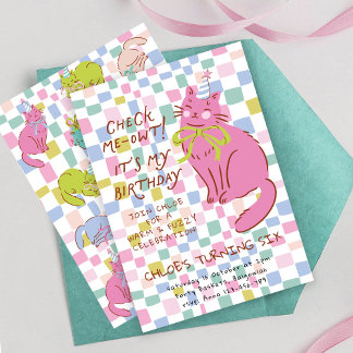 Convite Cat Birthday Invite, Girls Party Invite, Retro Cat