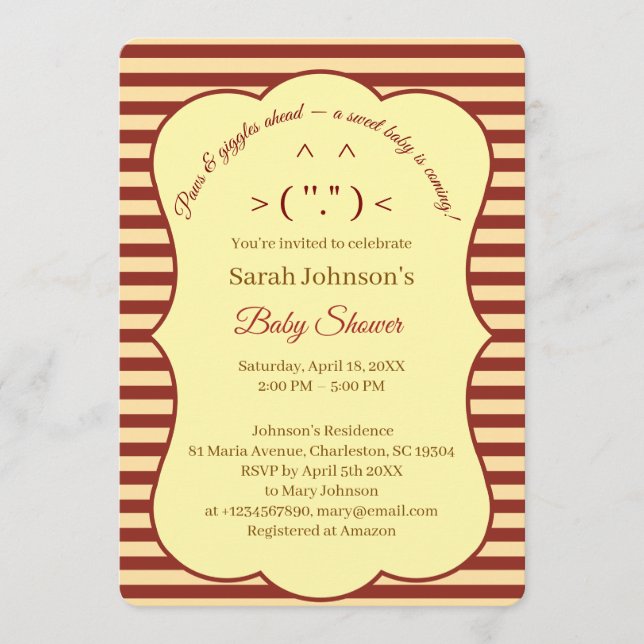 Convite Cat Cream Burgundy Stripes Baby Shower  (Frente)