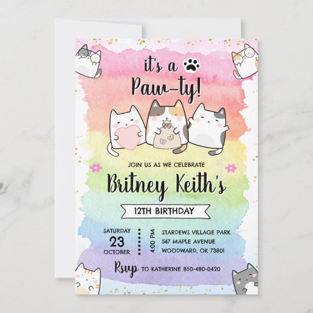 Convite Cat Kitten Rainbow Birthday Boy Invent (Frente)