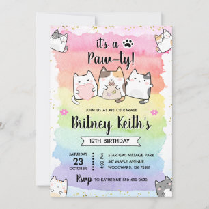 Convite Cat Kitten Rainbow Birthday Boy Invent