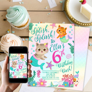 Convite Cat Meowmaid Sereid Girl Festa de aniversário