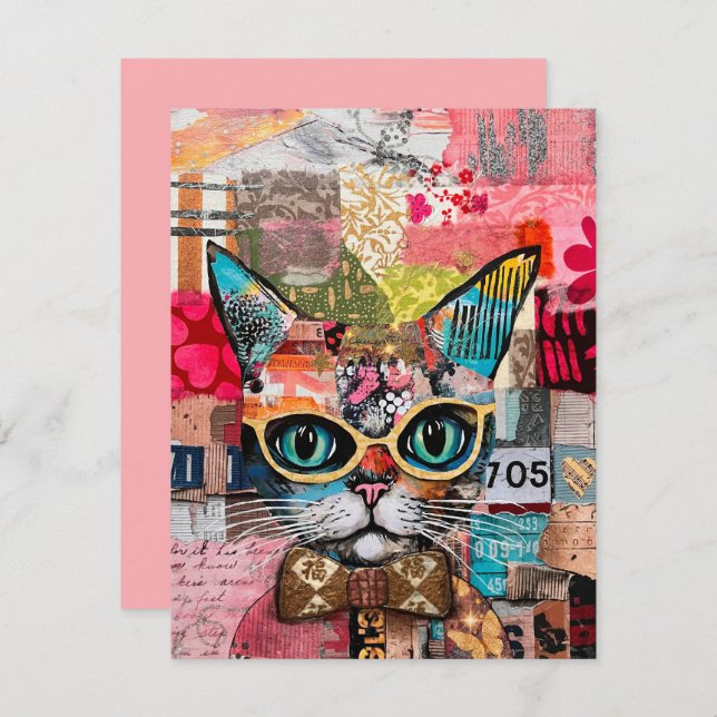 Convite Cat Mixed Mixed Paper Collage Greeting Card (Frente/Verso)