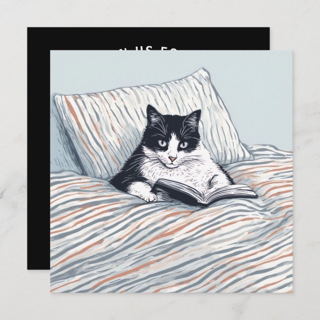 Convite cat reading in bed (Frente/Verso)