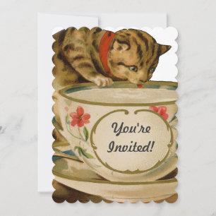Convite Cat Teacup Cute Vintage Victorian