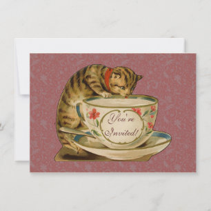 Convite Cat Teacup Cute Vintage Victorian