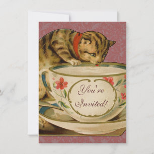 Convite Cat Teacup Cute Vintage Victorian
