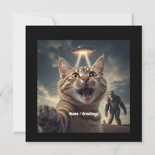 Convite Cat Tomando Selfie com OVNI e Presente Engraçado d (Frente)