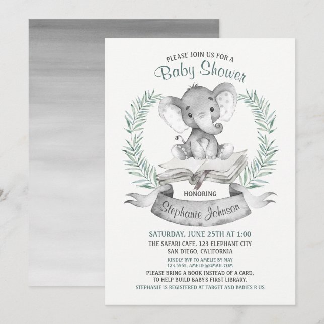 Convite Catálogo de Chás de fraldas de Elefante de Aquarel (Frente/Verso)