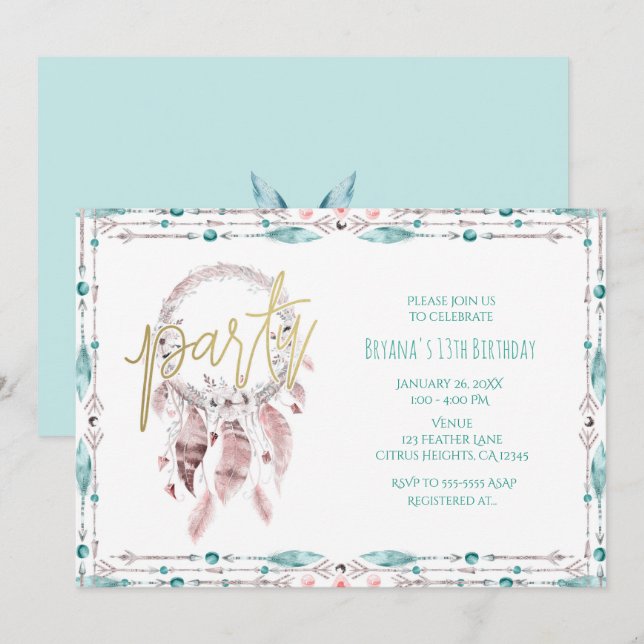 Convite Catcher de Sonho de Pena Boêmio Verde Aniversário (Frente/Verso)