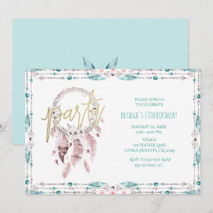 Convite Catcher de Sonho de Pena Boêmio Verde Aniversário