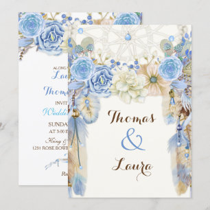 Convite Catcher de Sonho Tribal Boho Aquarela Azul Bege