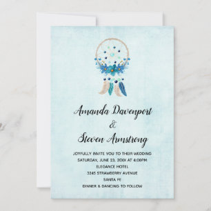 Convite Catcher de Sonhos Azul com Flores e Penas Casament