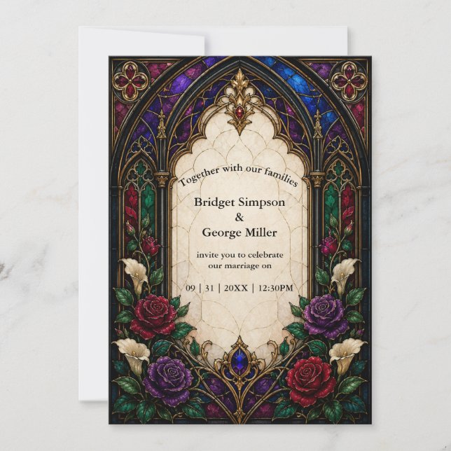 Convite Catedral de casamento em rosa gótico vitral (Frente)