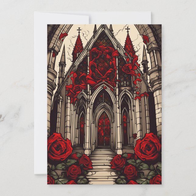 Convite Catedral de Vampiro e Casamento Gótico Rosa (Frente)
