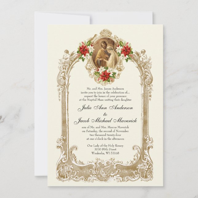 CONVITE CATHOLIC CHRISTMAS POINSETTIA WEDDING INVITATIONS (Frente)
