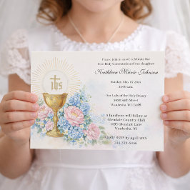 Convite Catholic First Communion Chalice Host Floral