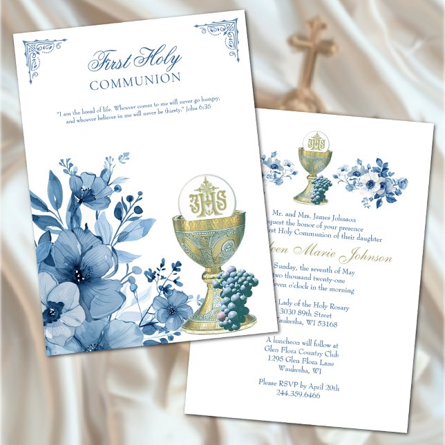 Convite Católica Comunhão Dusty Blue Floral (EASY TO PERSONALIZE!)
