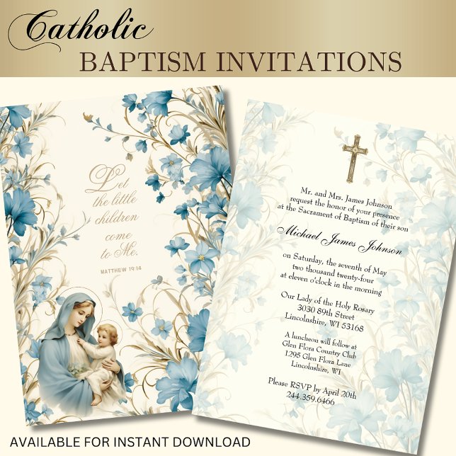 Convite Católica Floral Batismo Christening Baby Scripting (Criador carregado)